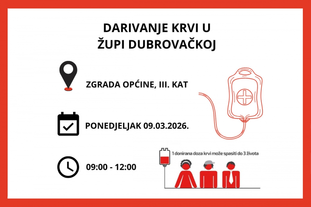Dru&scaron;tvo Crvenog križa poziva na Akciju dobrovoljnog darivanja krvi u Župi u ponedjeljak 9. ožujka
