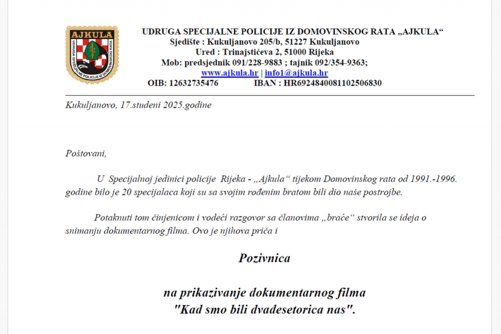 Projekcija dokumentarnog filma &bdquo;Kad smo bili dvadesetorica nas&ldquo; u petak u prostoru Studentskog centra u Dubrovniku