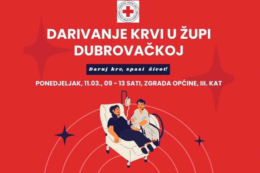 Dubrovački Crveni križ poziva na akciju darivanja krvi sutra u zgradi Općine u Srebrenom