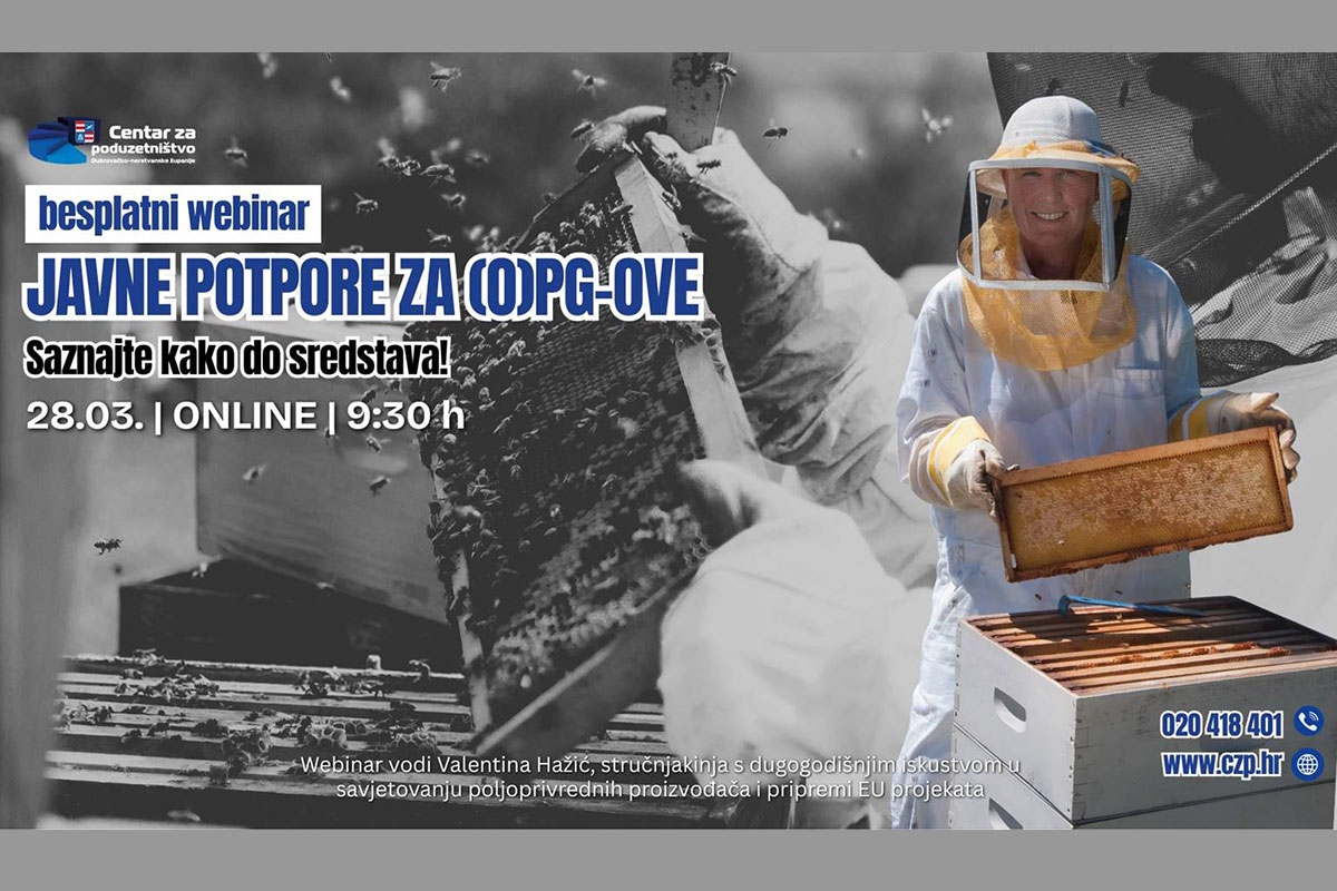 Centar za poduzetni&scaron;tvo - webinar; Javne potpore za (O)PG-ove i ruralno poduzetni&scaron;tvo