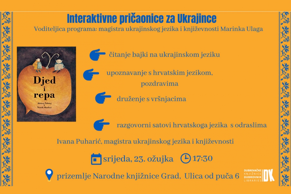 Odjel za djecu i mlade Dubrovačkih knjižnica organizira ciklus pričaonica za izbjeglice iz Ukrajine