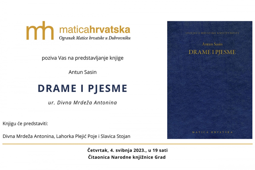 Ogranak Matice hrvatske u Dubrovniku predstavlja knjigu renesansnog književnika Antuna Sasina